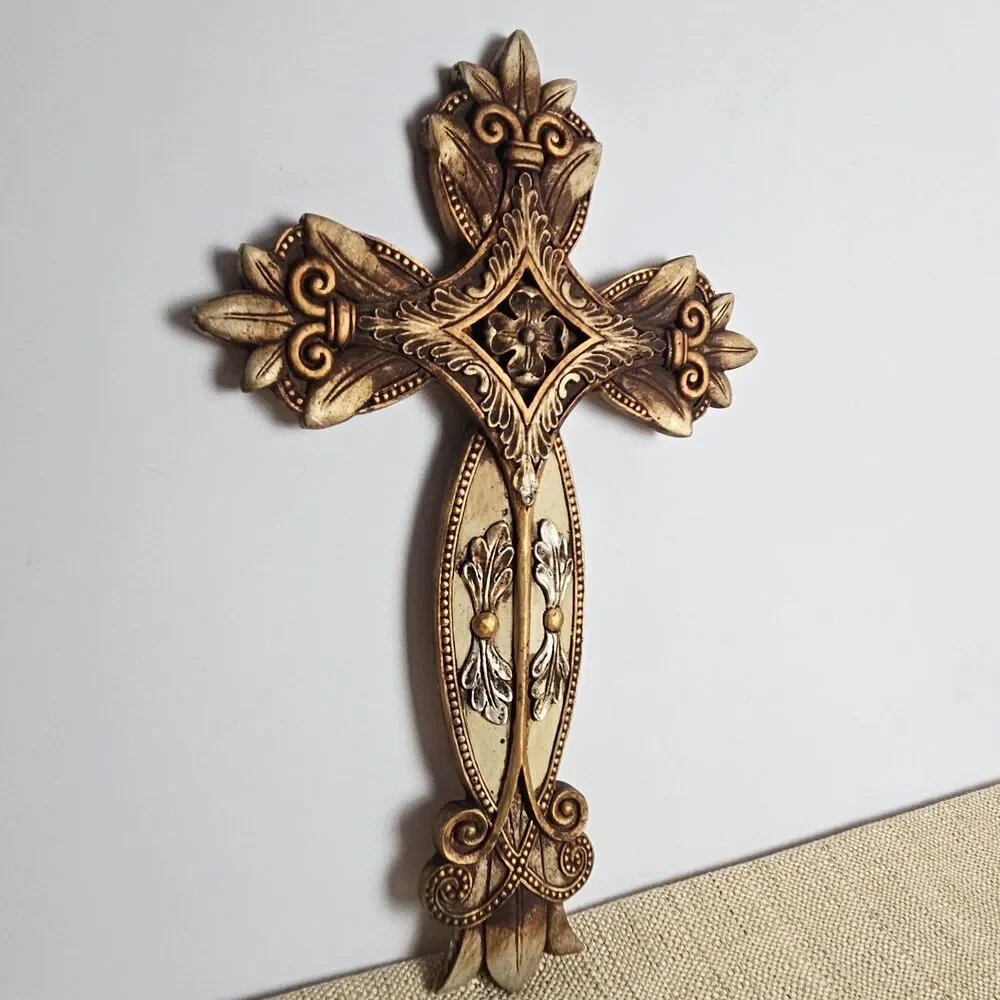 Ornate Wall Cross Fleur De Lis Gothic Gold Bronze Resin Religious Decor 14